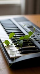 A close-up view of a digital keyboard with green leafy vines draped across the keys, set on a wooden surface near a window with natural light illuminating the scene