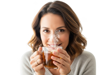 Smiling woman enjoys steaming hot cup of tea isolated on transparent background