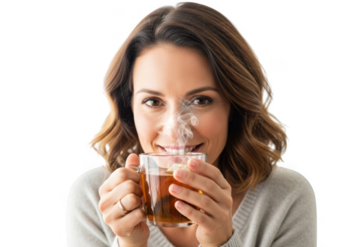 Smiling woman enjoys steaming hot cup of tea isolated on transparent background