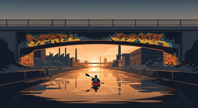 Silhouette of Person Kayaking Under Graffiti Covered Bridge at Sunset in Urban Waterway