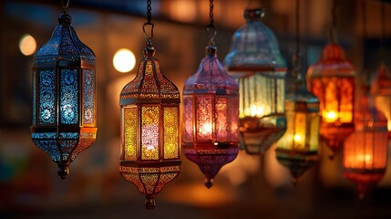Obraz premium Awesome photo of colorful arabic lanterns hanging in a row, illuminated with warm light.