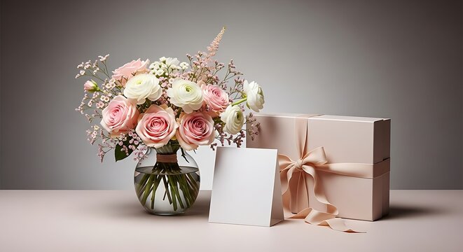 Pink Roses and White Flowers in Vase with Gift Box and Card bouquet