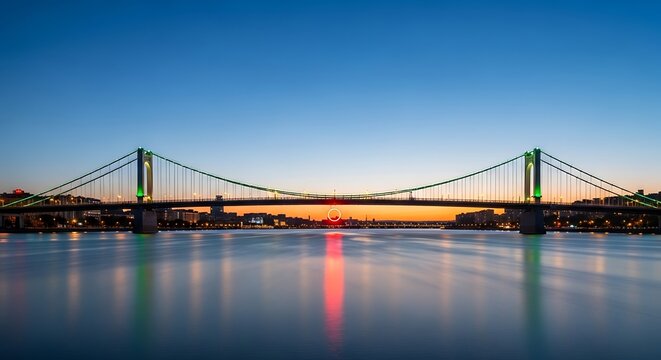 Suspension bridge illuminated at sunset over a calm river architecture city