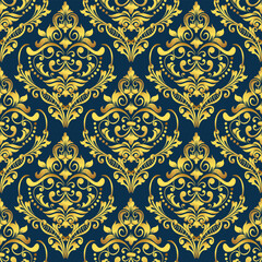 gold damask pattern on a deep blue background