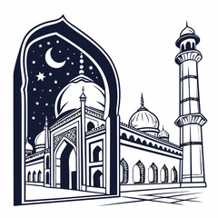 Stylized illustration of a majestic islamic mosque with minarets and domes under a starry night sky and crescent moon