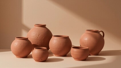 Group Of Pottery Vases Brown Beige Toned Clay Vessels