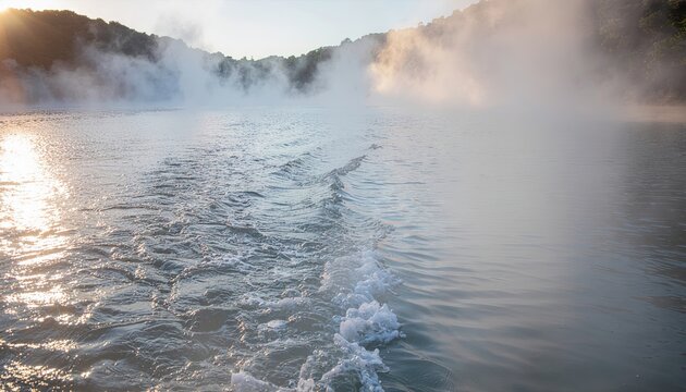 Serene Blue Lake Mist Sunlight Reflection Ripples Water Splashes Gentle Morning Light Over Mountainside Landscape