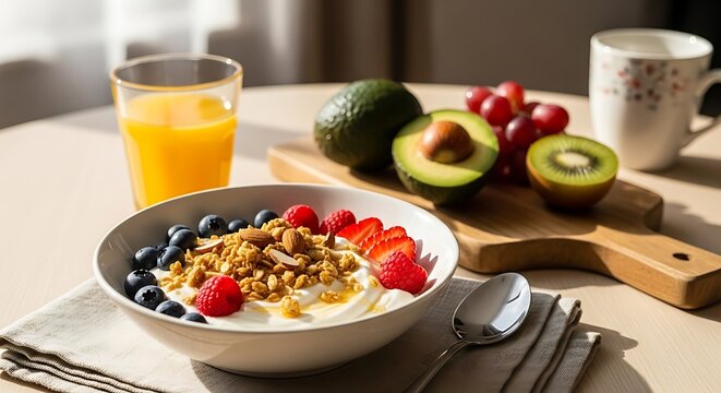 A healthy breakfast featuring yogurt with berries, avocado, kiwi, grapes, and orange juice on a table. - Powered by Adobe