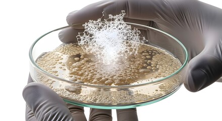 Scientist Hand Holding Petri Dish with Bubbles and Molecular Structure in Laboratory Setting