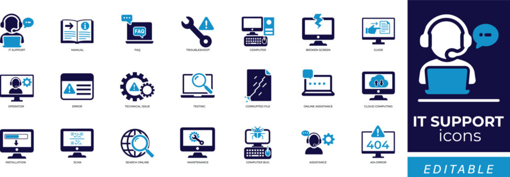 Flat IT support icon set featuring troubleshooting, error, warning, installation, maintenance, tech support, system repair and maintenance symbols. Perfect for tech support and system repair visuals.