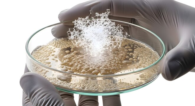 Scientist Hand Holding Petri Dish with Bubbles and Molecular Structure in Laboratory Setting
