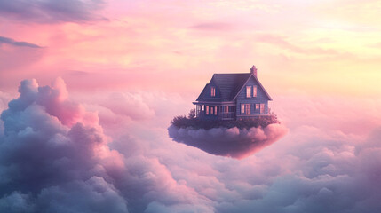 Naklejka premium Dream House Floating in a Pastel Cloudscape. A tranquil house floating among vibrant pink clouds, ideal for fantasy, dreamscape, or surreal landscape visuals.