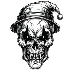 Creepy clown skull with sinister eyes wearing jester hat for Halloween design
