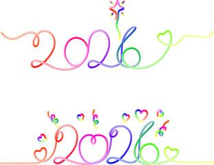 Vibrant Neon Glow 2026 New Year Typography Set with Starburst and Floating Hearts - Colorful Curly Script Illustrations on Transparent Background for Holiday Celebrations, Greeting Cards, and Festive 