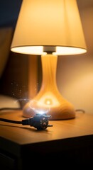 A close-up view of a modern table lamp with a warm glow illuminating a wooden surface in a cozy indoor setting, creating a relaxing and inviting atmosphere