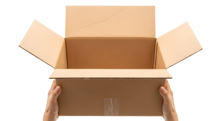 Hands holding open a cardboard box on a white background, ready for packing or unpacking