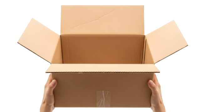 Hands holding open a cardboard box on a white background, ready for packing or unpacking