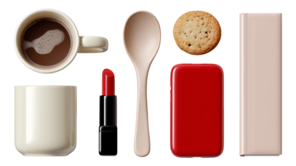 Stylish Coffee and Snack Arrangement with Lipstick and Spoon on Transparent Background