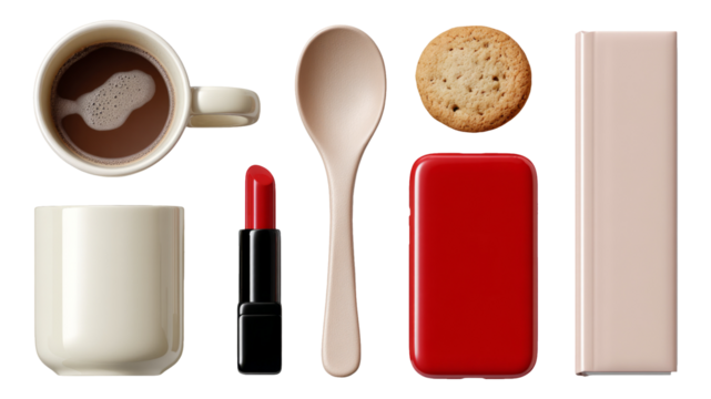 Stylish Coffee and Snack Arrangement with Lipstick and Spoon on Transparent Background