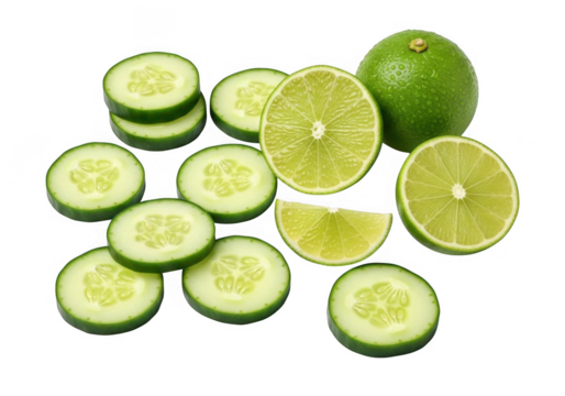 Fresh cucumber slices and vibrant lime fruit isolated on transparent background