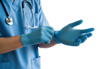 Medical professional putting on blue gloves. isolated on transparent background