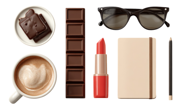 Stylish Arrangement of Chocolate, Coffee, Sunglasses, and Lipstick on White Background