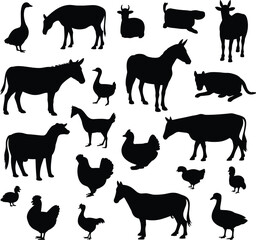Silhouettes of farm animals in grid layout – includes horse, cow, pig, goat, duck, chicken, goose for rural, livestock, and educational design