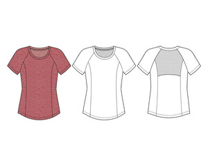 Women's active short sleeve top, t-shirt , Fashion Flat Sketch Vector Illustration, Mockup, CAD, Technical, Template.