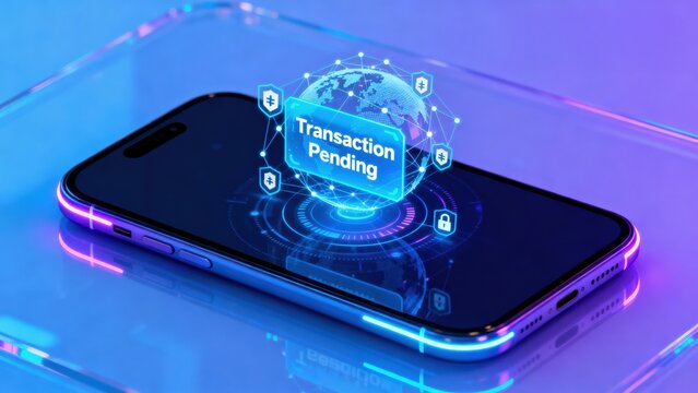 Smartphone displaying a digital transaction pending notification in a futuristic design.