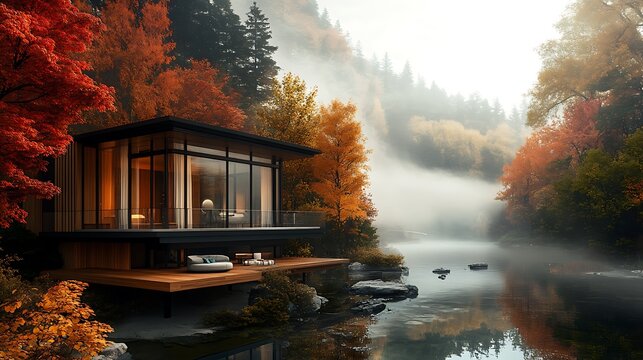 Modern Cabin, Autumn River Mist, Mountain Landscape
