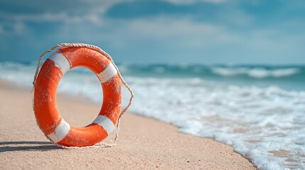 High quality image of life buoy on the beach with the ocean in the background.
