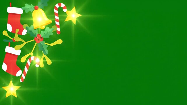 Animated christmas decorations green screen background template featuring festive holly berries stockings and sparkling stars for holiday video overlay