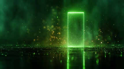 High quality image of abstract green neon glowing rectangle door portal on dark background.