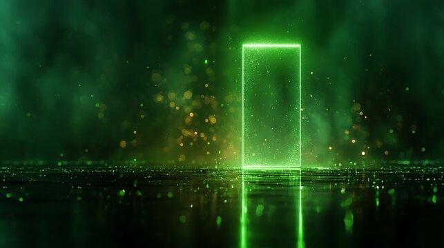 High quality image of abstract green neon glowing rectangle door portal on dark background. - Powered by Adobe