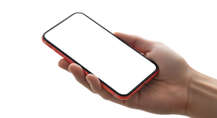 Hand holding a modern smartphone with a blank white screen for customization