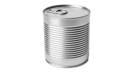 Shiny silver aluminum food can with a pull tab for easy opening, isolated on white background