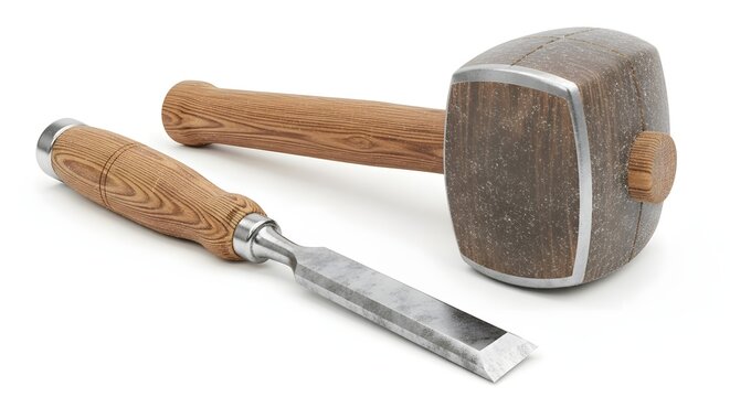 Wooden Mallet and Chisel on White Background for Carving and Woodworking