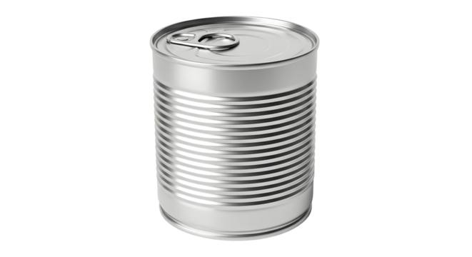 Shiny silver aluminum food can with a pull tab for easy opening, isolated on white background