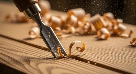 Woodworker Carving Wooden Surface with Chisel and Wood Shavings in Workshop