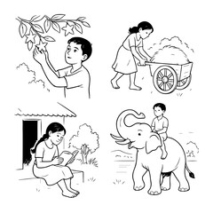 Adorable Kids’ Cartoon Lineart with Cloud Character Tamil Cute Girl Walking with a Little Cloud – Simple Line Art Illustration 