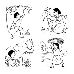 Adorable Kids’ Cartoon Lineart with Cloud Character Tamil Cute Girl Walking with a Little Cloud – Simple Line Art Illustration 