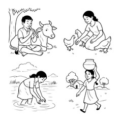 Adorable Kids&rsquo; Cartoon Lineart with Cloud Character Tamil Cute Girl Walking with a Little Cloud &ndash; Simple Line Art Illustration 