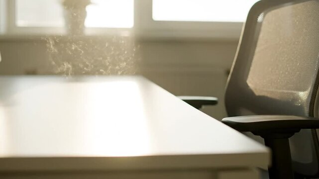 Sunlit dust particles floating above an empty desk in a quiet office, emphasizing air quality and light