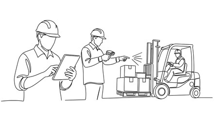 Workers Using Technology in Warehouse with Forklift and Boxes