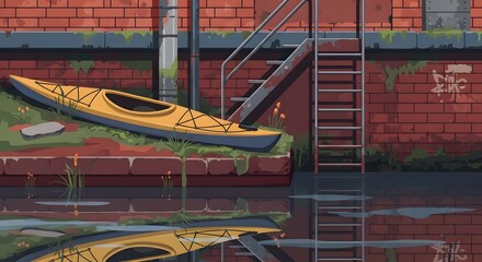 Yellow Kayak Resting on Brick Waterfront with Metal Stairs and Reflective Water Scene