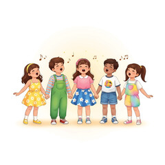 Five children hold hands and sing together under a warm sun musical notes float beneath a warm glow