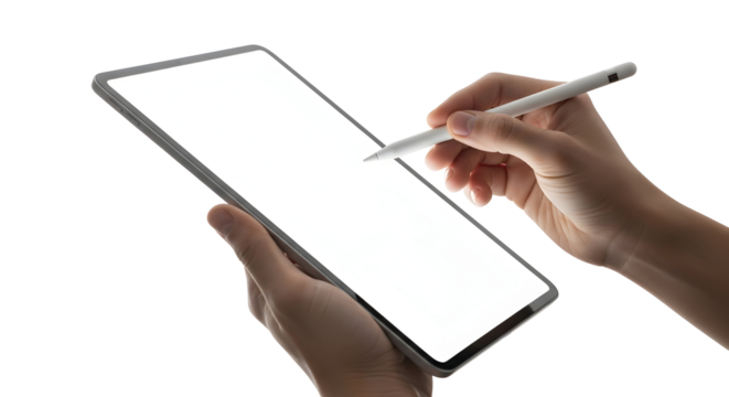 Person holding a digital tablet with a stylus in hand for interactive screen use