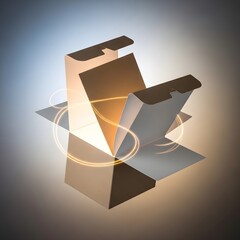 A modern, abstract cardboard box with glowing light effects and swirling lines, set against a gradient background, emphasizing creativity and innovation in packaging design