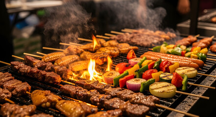 Grilled skewers on the barbecue with flames and smoke cooking.