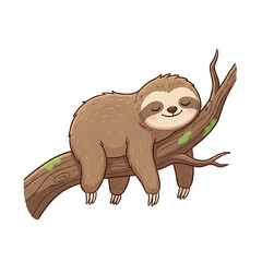 Naklejka premium Cartoon drawing of a cute sloth sleeping peacefully on a tree branch with green moss and closed eyes in a soft artistic style